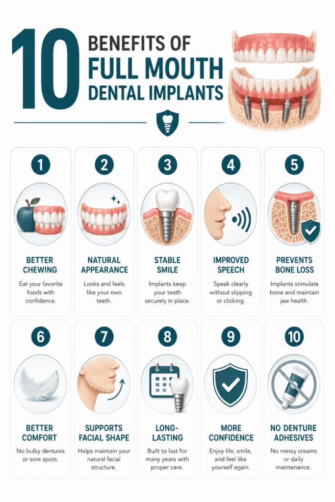 Infographic highlighting ten benefits of full mouth dental implants, including better chewing, improved speech, comfort, stability, bone preservation, and confidence.