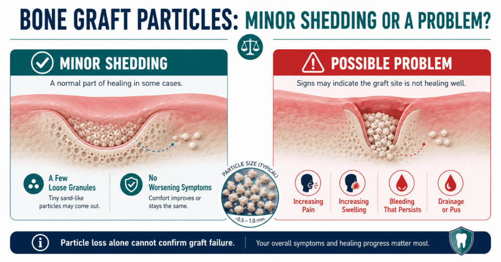 Comparison of minor bone graft particle shedding with heavier loss accompanied by pain, swelling, bleeding, or pus.