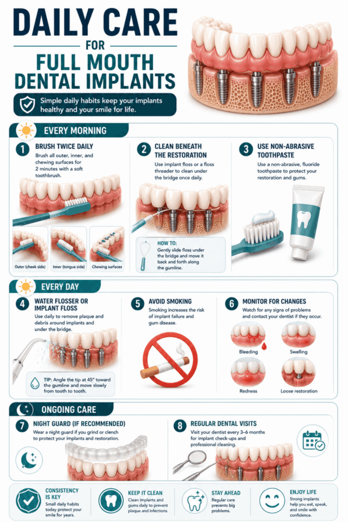 Daily care infographic for full mouth dental implants showing brushing, implant floss, water flosser, toothpaste, smoking avoidance, night guard, and regular dental visits.