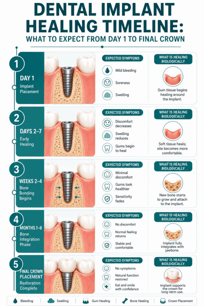 Timeline infographic showing dental implant healing from placement through bone integration to final crown with expected symptoms and healing milestones.