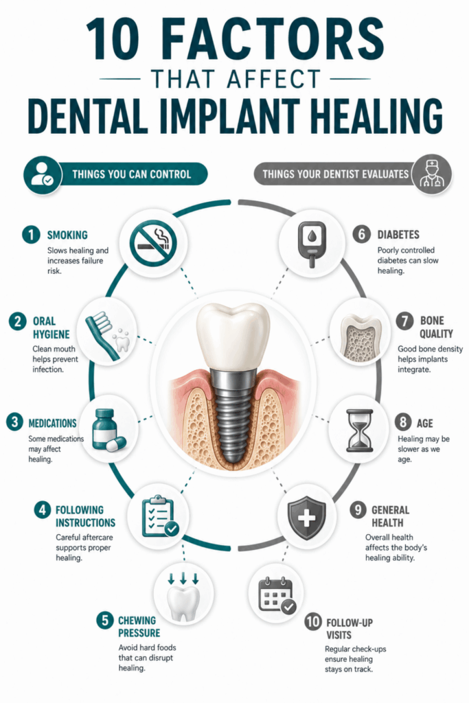 Educational infographic showing lifestyle habits and health factors that influence dental implant healing and long-term treatment success.