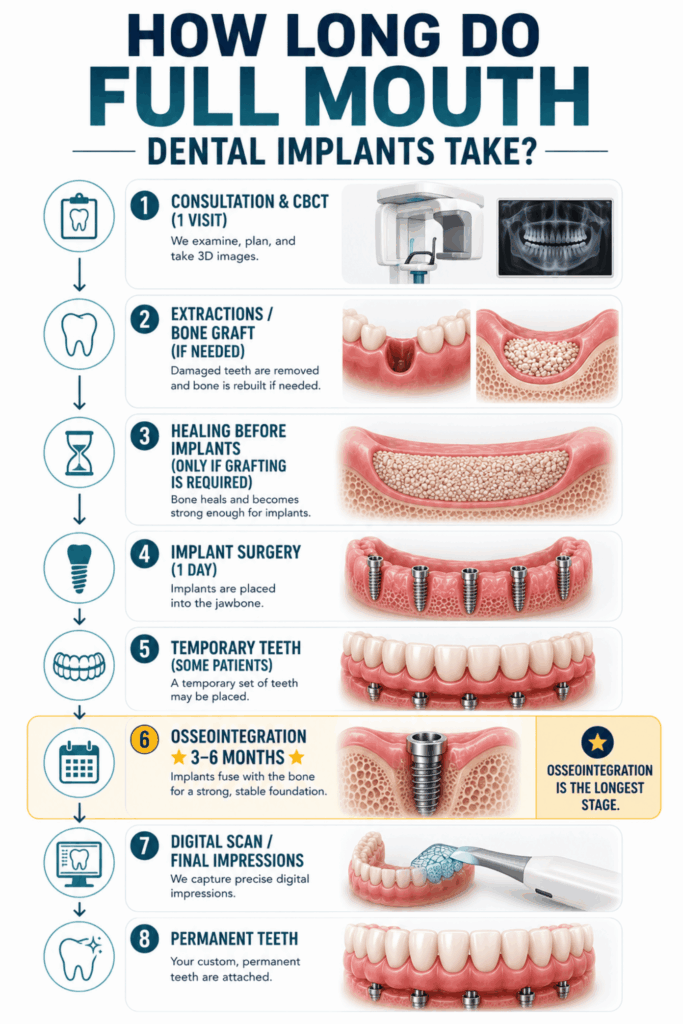 Timeline infographic showing healing stages for full mouth dental implants from week one through osseointegration, final impressions, permanent teeth, and maintenance.