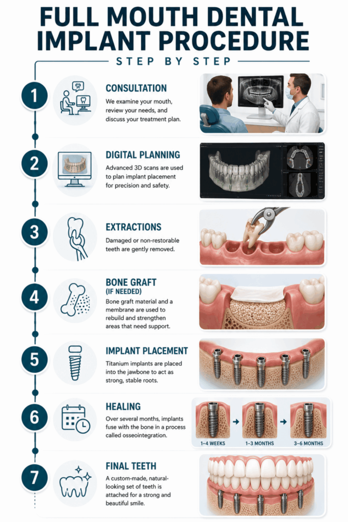 Step-by-step infographic showing consultation, digital planning, tooth extraction, bone grafting, implant placement, healing, and final teeth.