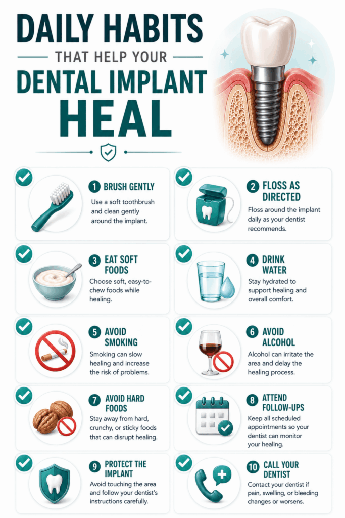Checklist infographic showing daily habits that support implant recovery, including gentle brushing, soft foods, hydration, and avoiding smoking.