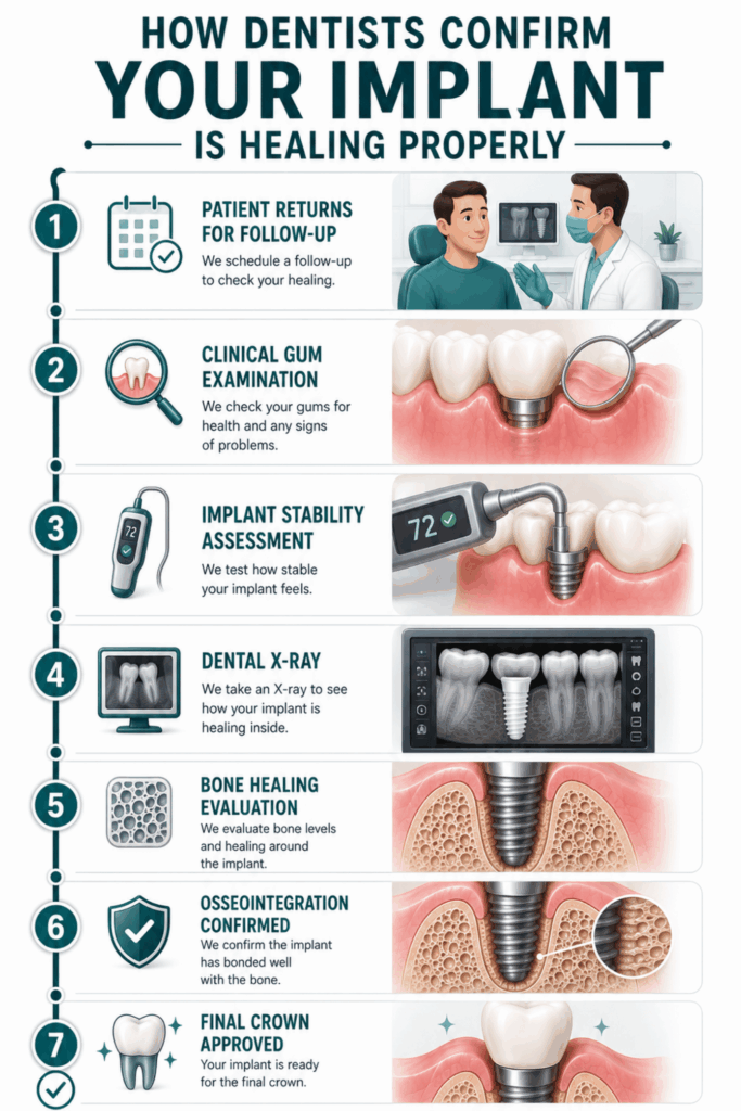 Clinical workflow infographic showing follow-up examination, gum assessment, implant stability testing, X-rays, bone evaluation, and final crown approval.
