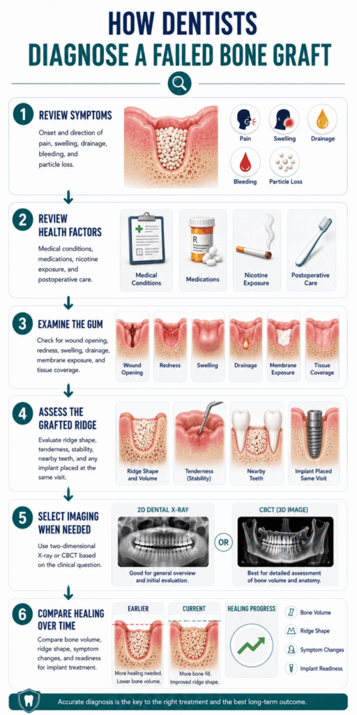 Six-step infographic showing symptom review, gum examination, ridge assessment, imaging, and follow-up comparison.