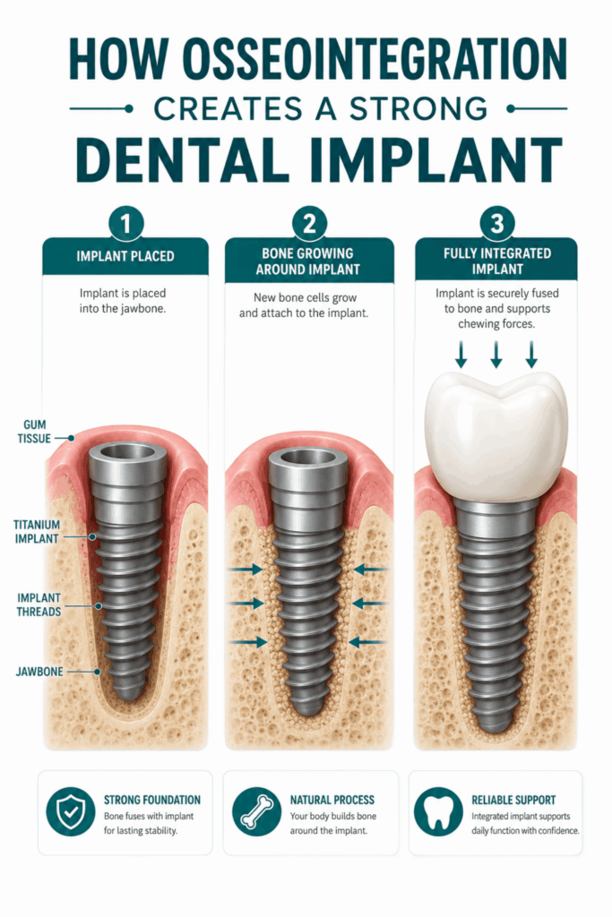 Three-step illustration showing a dental implant placed in the jawbone, new bone growing around it, and complete osseointegration supporting a crown.