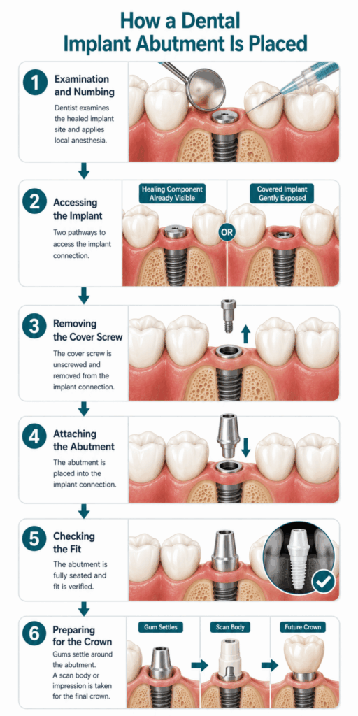 Six-step diagram showing examination, implant access, cover screw removal, abutment placement, fit verification, and crown preparation.