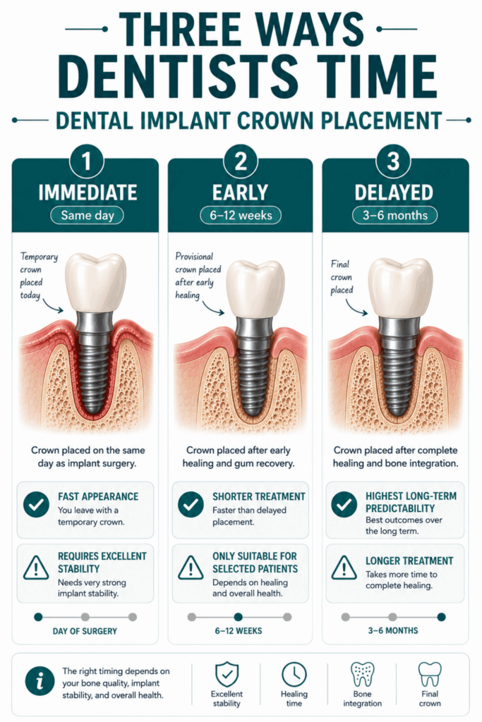 Infographic comparing immediate, early, and delayed dental implant crown placement with treatment timing, benefits, and clinical considerations.