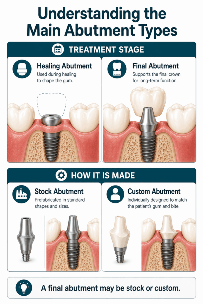Comparison of healing, final, stock, and custom dental implant abutment types with simplified clinical illustrations.