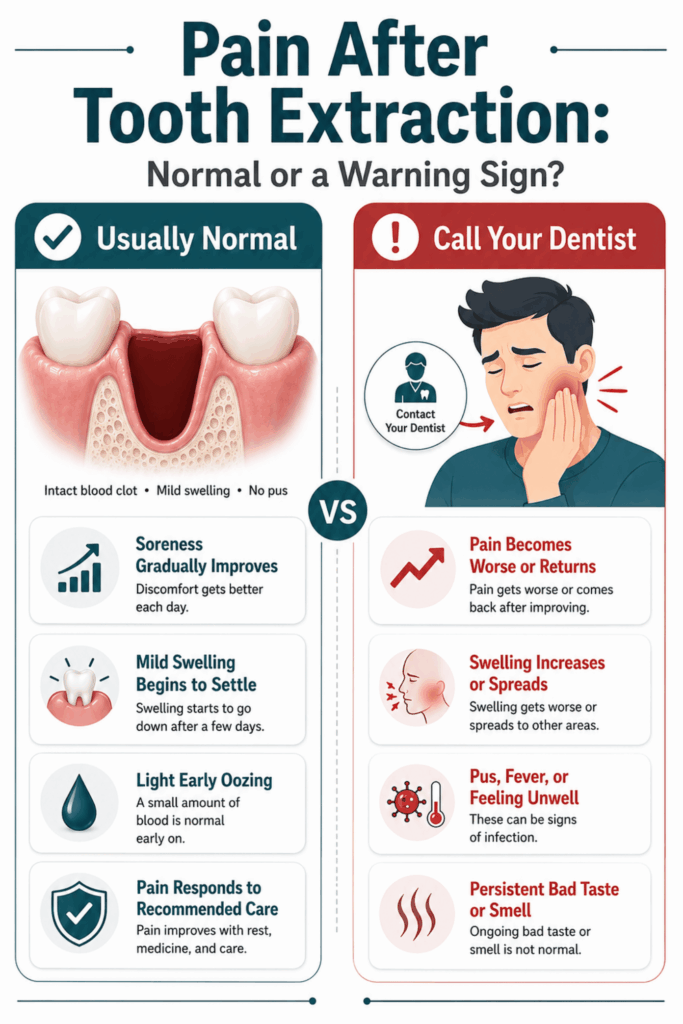 Normal extraction healing signs compared with worsening pain, spreading swelling, fever, pus, and bad taste