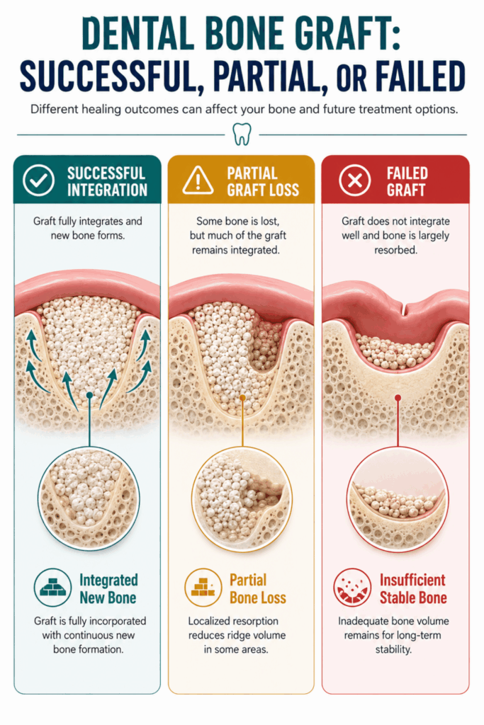 Three-panel comparison of successful integration, partial graft loss, and dental bone graft failure.