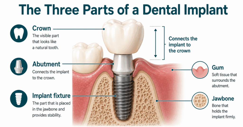 Cross-sectional diagram showing the crown, dental implant abutment, implant fixture, gum, and jawbone with labeled components.