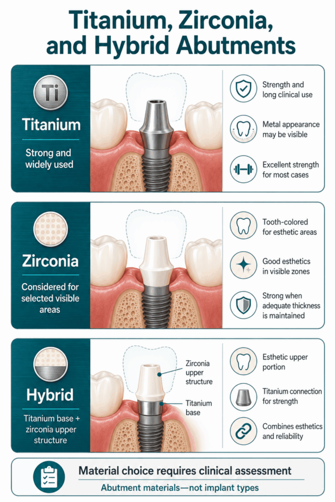 Comparison of titanium, zirconia, and hybrid dental implant abutment materials with clinical illustrations and key features.