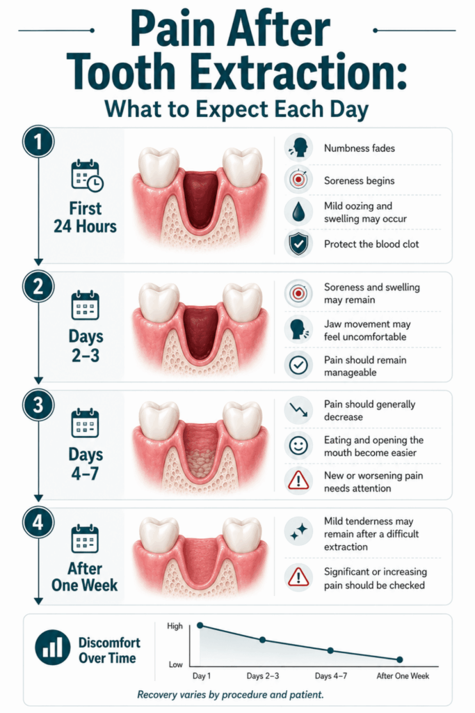 Pain after tooth extraction timeline from the first 24 hours through one week, with symptoms and socket healing