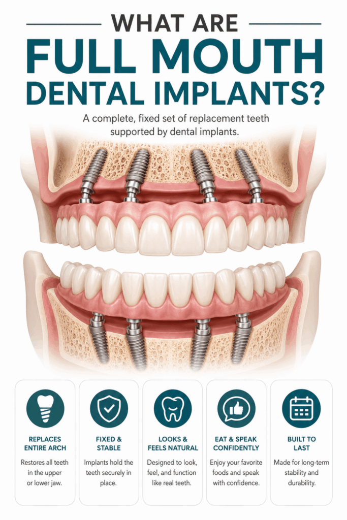 Cross-sectional illustration of upper and lower full mouth dental implants supported by four implants per arch with fixed prosthetic teeth.