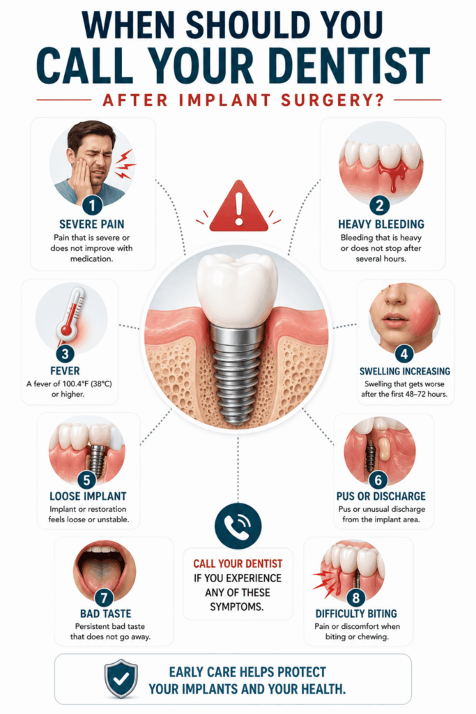 Warning signs after dental implant surgery including severe pain, heavy bleeding, fever, swelling, loose implant, pus, bad taste, and difficulty biting.