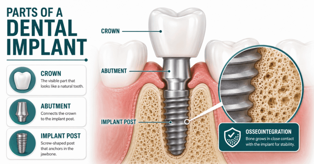 Dental implant anatomy showing the implant crown, abutment, implant post, and osseointegration with surrounding jawbone.
