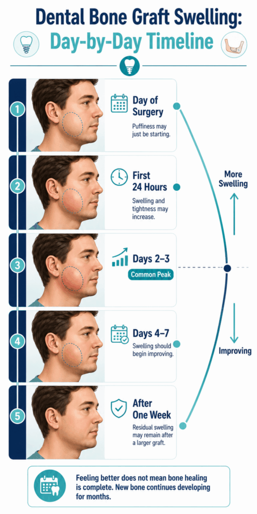 Dental bone graft swelling timeline showing an increase through days two and three followed by gradual improvement