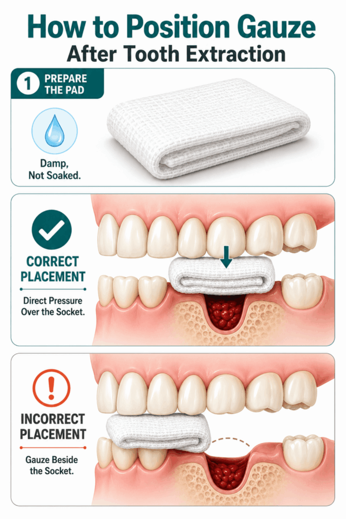 Correct and incorrect gauze placement over a lower tooth extraction socket, with a damp folded pad.
