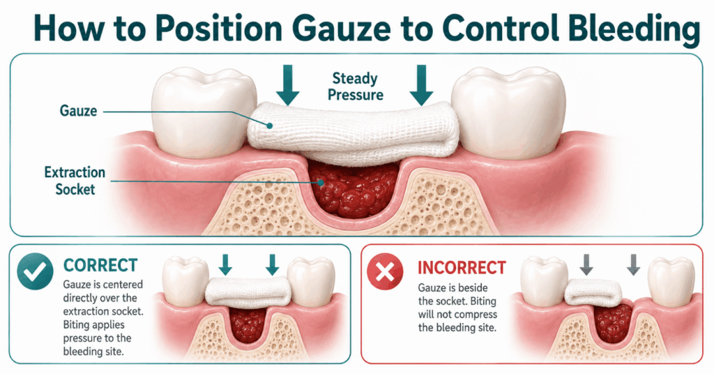 Cross-section showing gauze centered over an extraction socket with steady pressure and an incorrect placement example