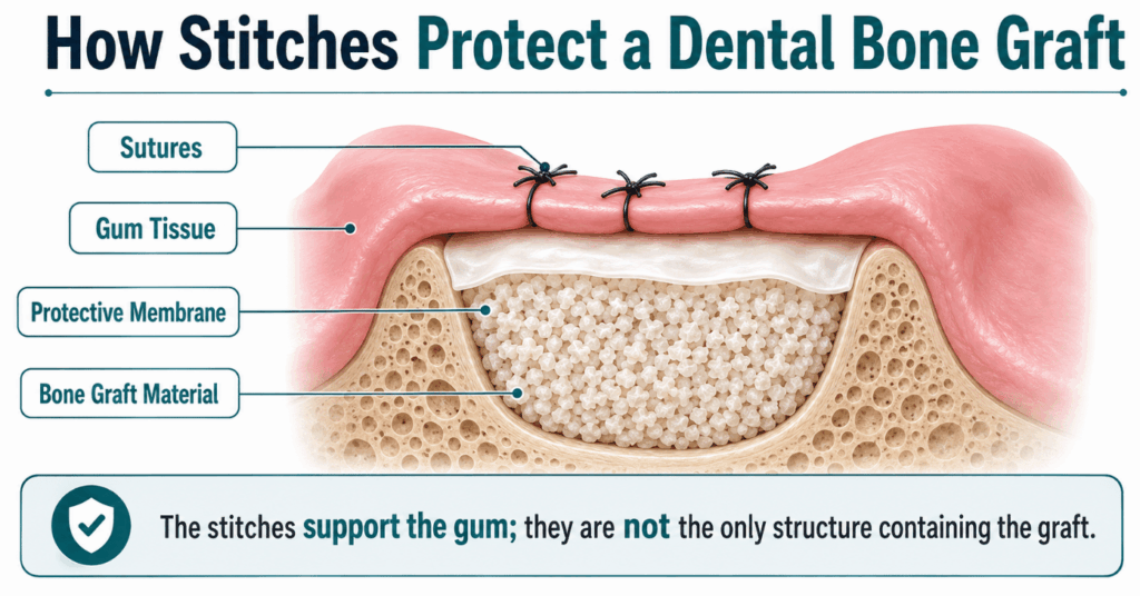 Labeled cross-section showing sutures over gum, a protective membrane, and bone graft material inside the socket