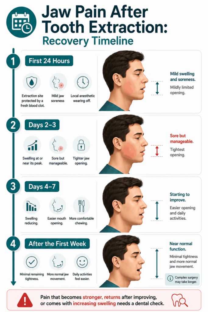 Four-stage jaw pain recovery timeline showing swelling, soreness, mouth opening, and improvement after extraction