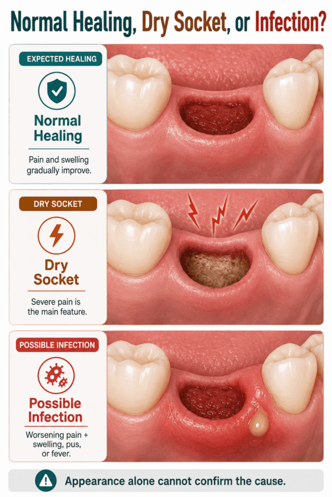 Normal healing, dry socket, and possible infection compared with three illustrated tooth extraction sockets