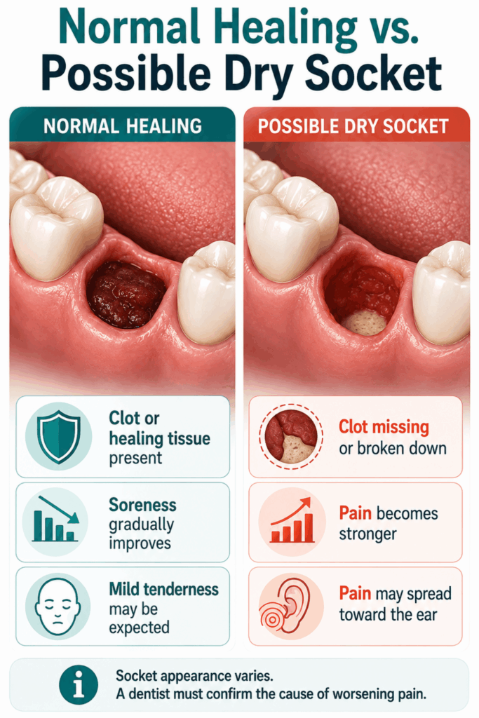 Side-by-side comparison of a healing tooth socket with a blood clot and a possible dry socket with exposed bone
