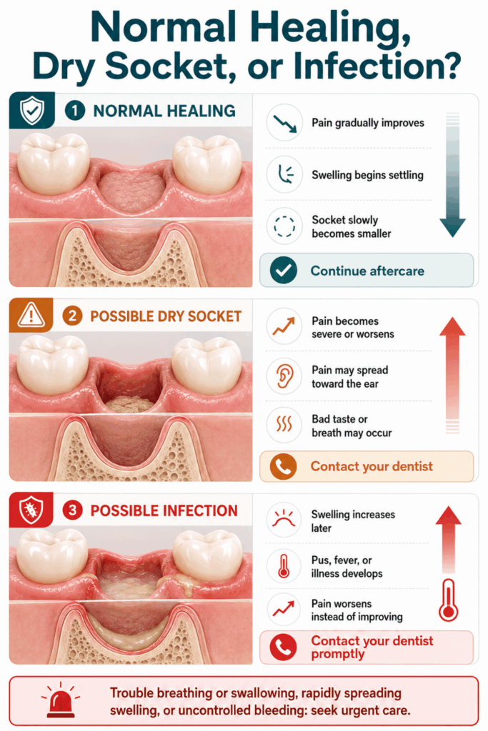 Comparison of normal socket healing, possible dry socket, and infection with symptoms and recommended actions