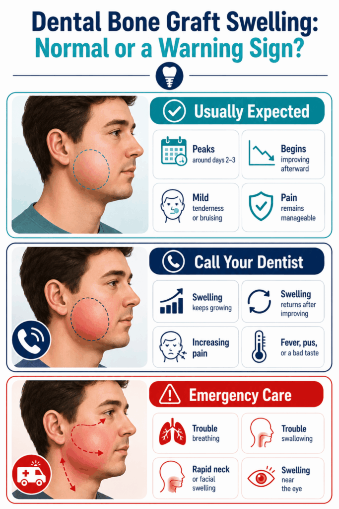 Dental bone graft swelling chart comparing expected recovery, reasons to call a dentist, and emergency symptoms
