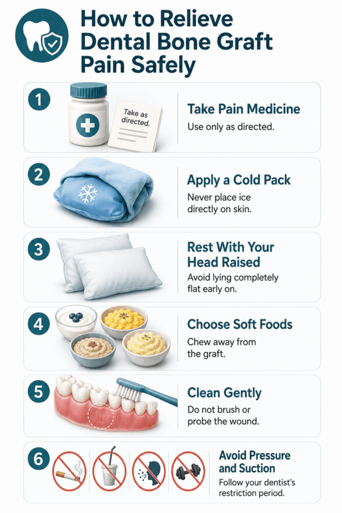 Six aftercare steps for relieving bone graft discomfort, including medicine, cold packs, soft foods, and gentle cleaning