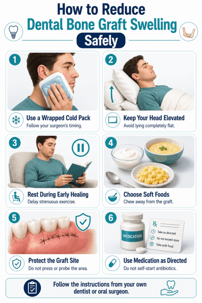 Six swelling-reduction steps showing a wrapped cold pack, head elevation, rest, soft foods, graft protection, and medication