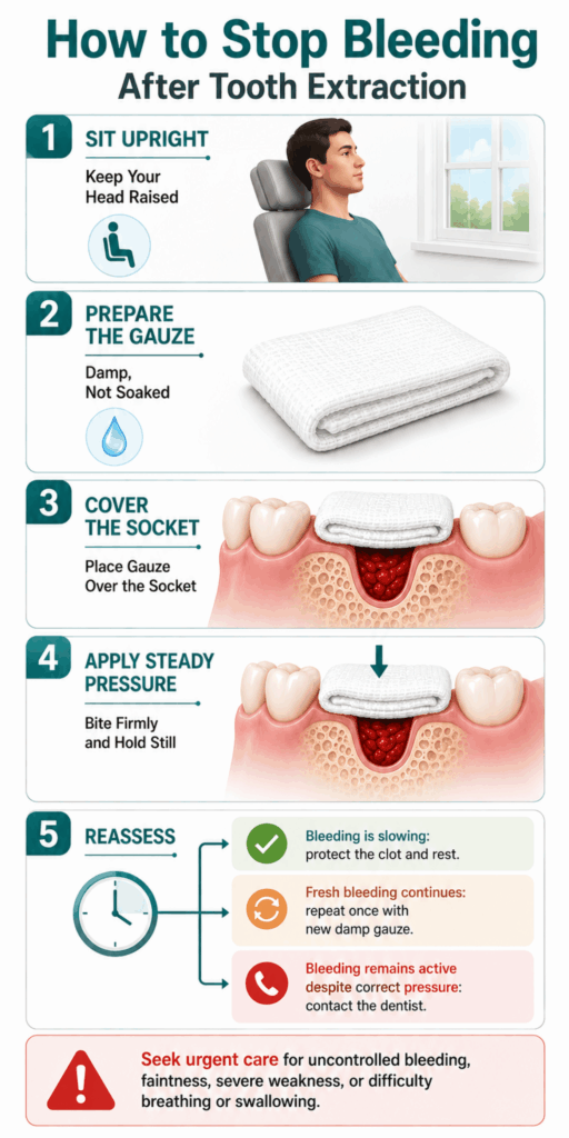 Five step-by-step guide to stop bleeding after tooth extraction using damp gauze, steady pressure, and reassessment.