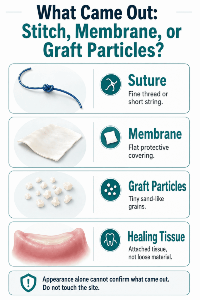 Comparison of a dental suture, protective membrane, sand-like graft particles, and attached healing gum tissue