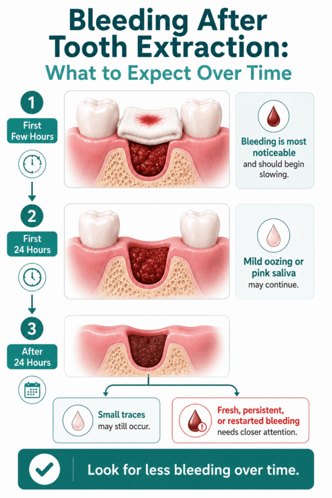 Three-stage timeline showing socket bleeding during the first few hours, first 24 hours, and after 24 hours