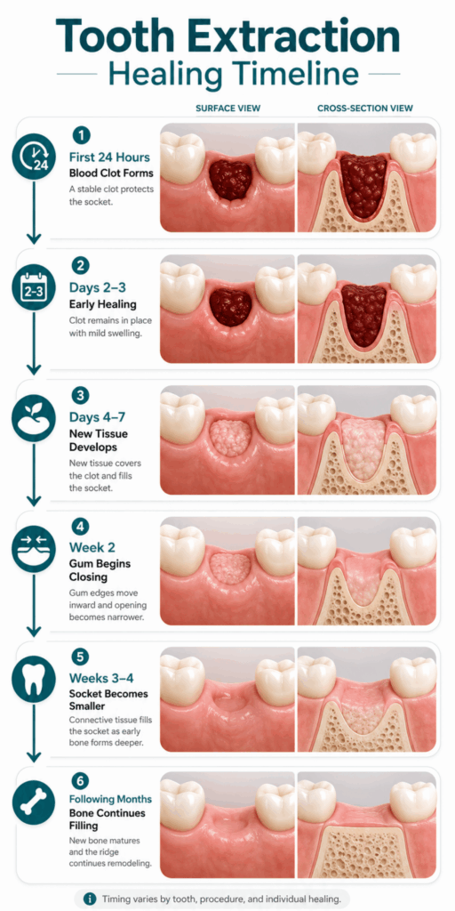 Tooth extraction healing time shown in six stages from blood clot formation to bone filling over several months