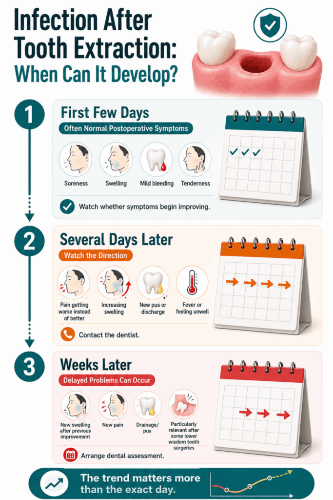 Three-stage timeline showing normal early symptoms and warning signs of infection after tooth extraction over time