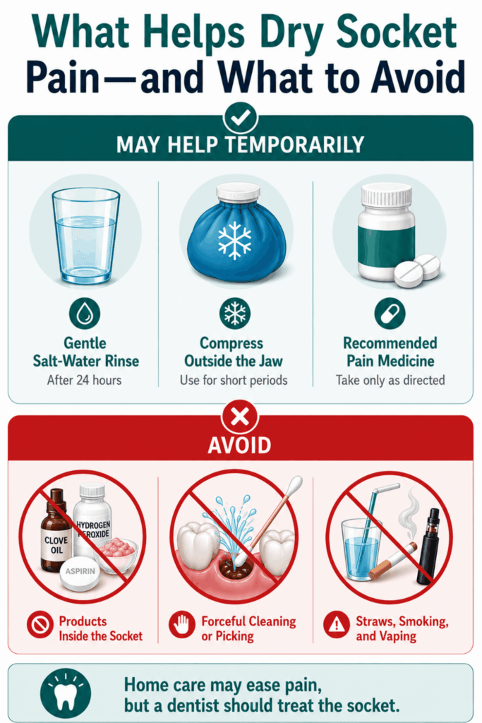 Home remedies for dry socket showing a salt-water rinse, cold compress and pain medicine, plus actions to avoid