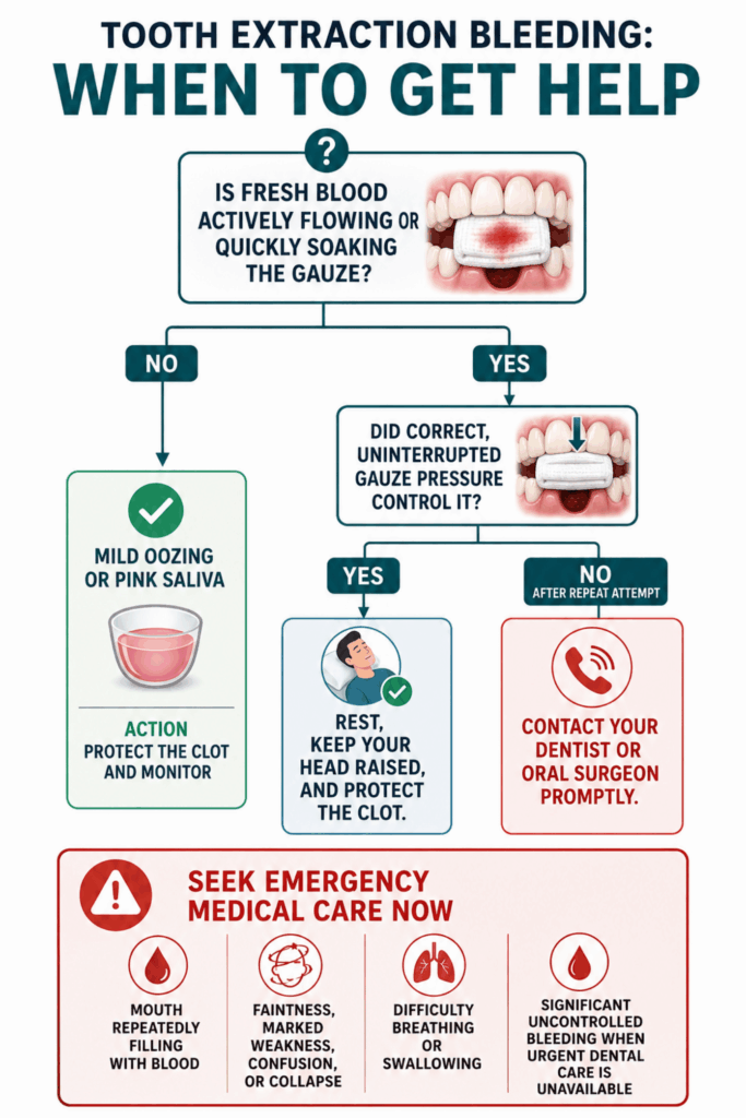 Decision tree for mild oozing, continued blood flow, dental contact, and emergency warning signs.