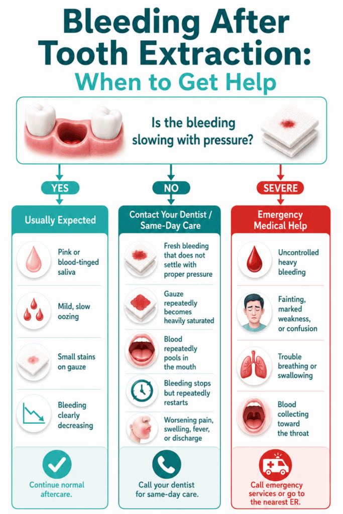 Decision tree comparing expected oozing, same-day dental care, and emergency signs after tooth extraction