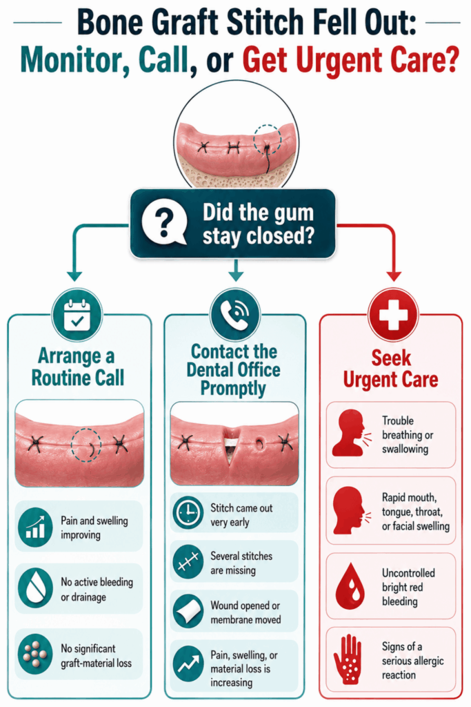 Decision guide for monitoring a lost bone graft stitch, calling the dental office, or seeking urgent care