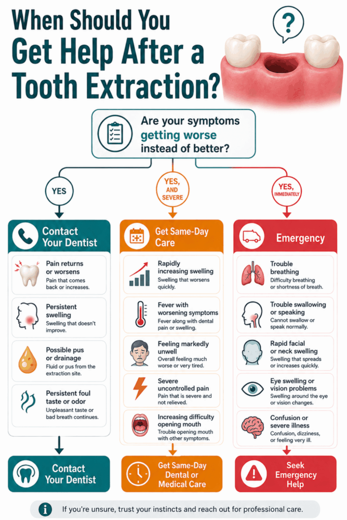 Decision tree showing when extraction symptoms warrant a dentist call, same-day care, or emergency help