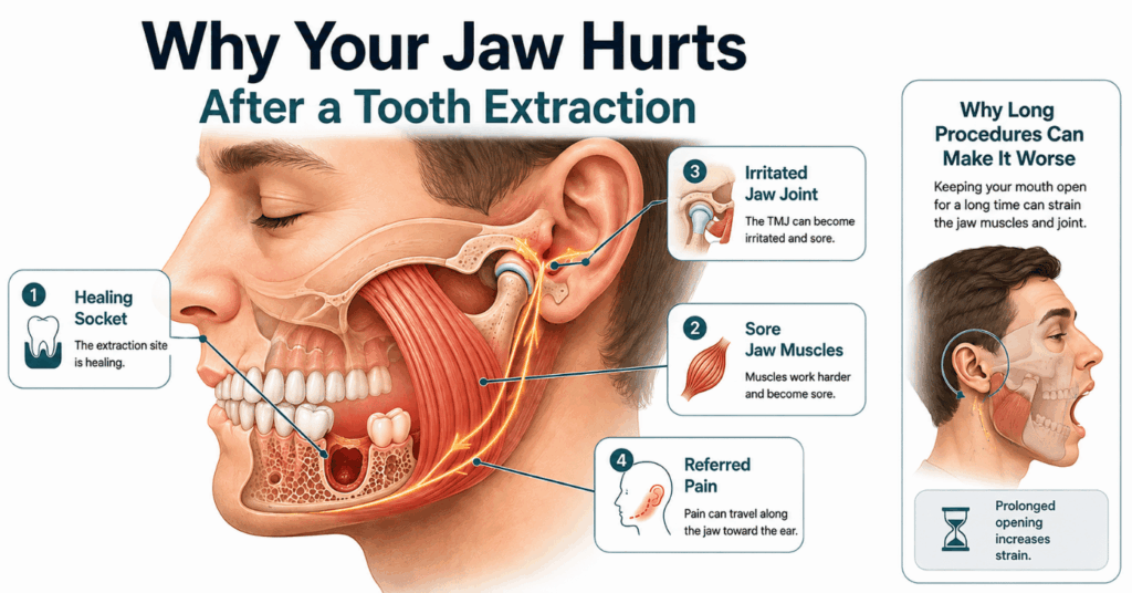 Cutaway jaw diagram showing a healing socket, sore muscles, irritated TMJ, and pain spreading toward the ear