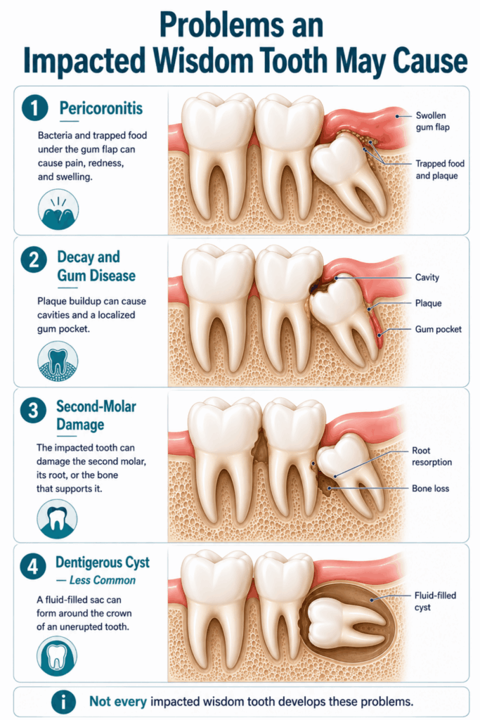Four clinical panels showing pericoronitis, decay, second-molar damage, and a cyst around impacted wisdom teeth