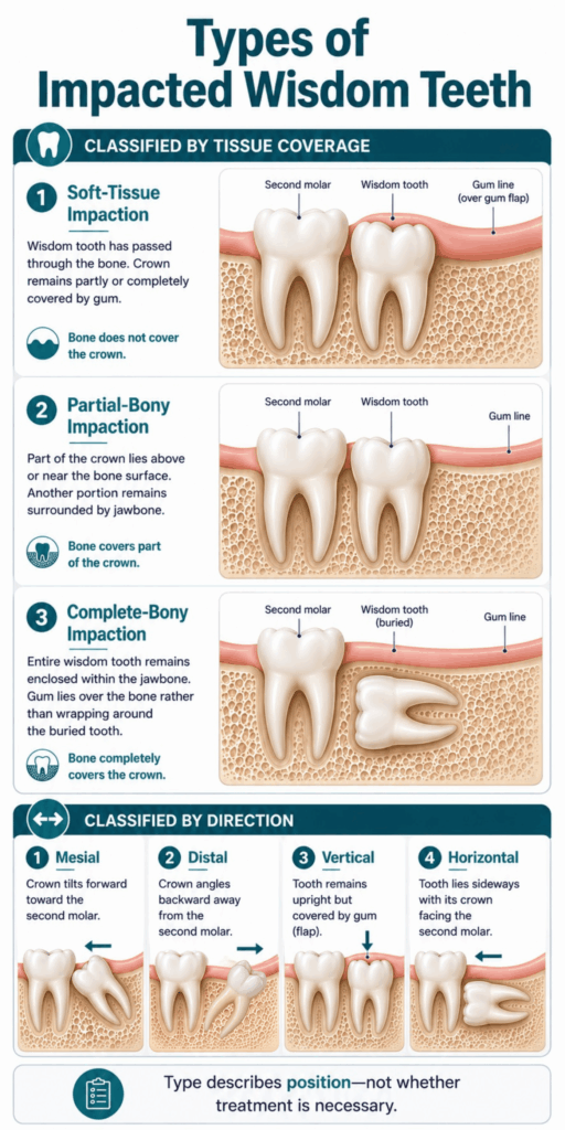 Chart classifying impacted wisdom teeth by tissue coverage and mesial, distal, vertical, or horizontal direction