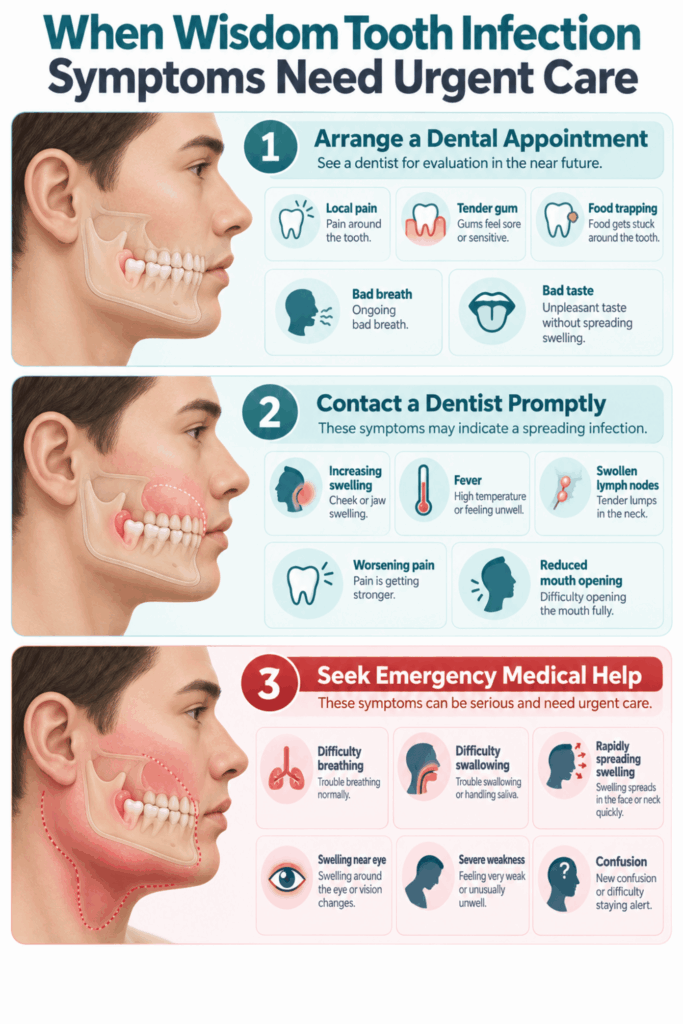 Three-level symptom guide showing when to arrange dental care or seek emergency medical help.