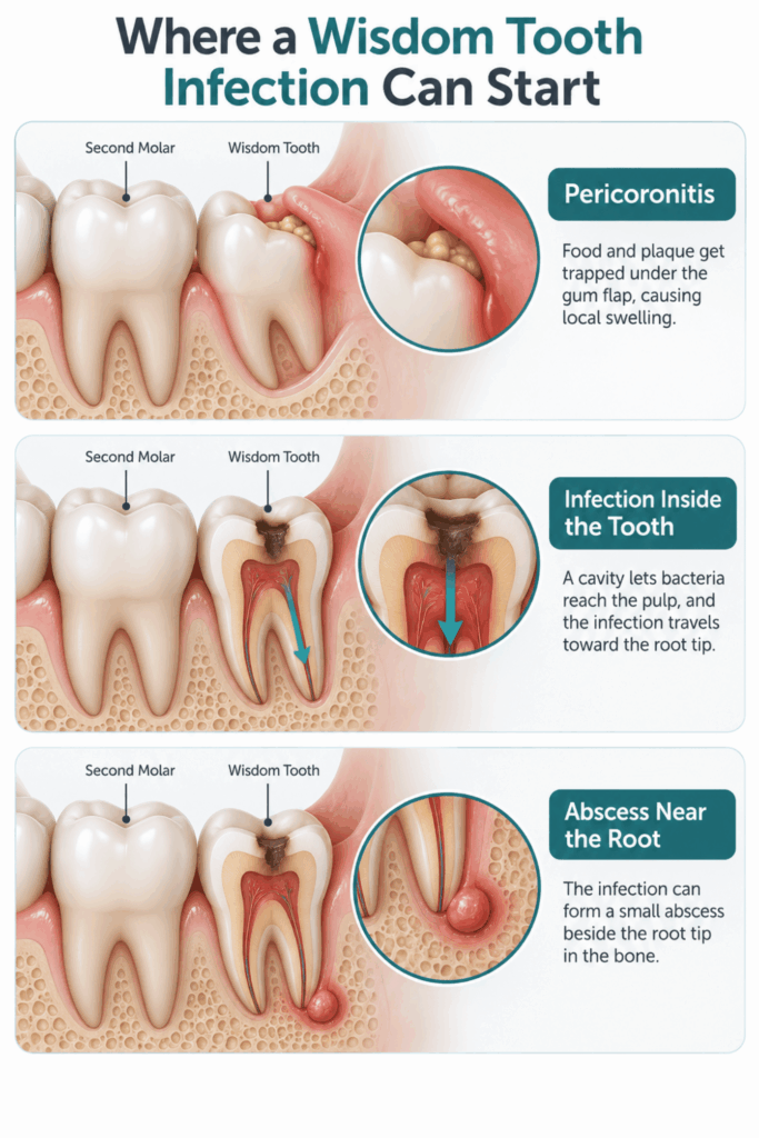 Three diagrams show pericoronitis, infection inside a wisdom tooth, and an abscess beside its root.