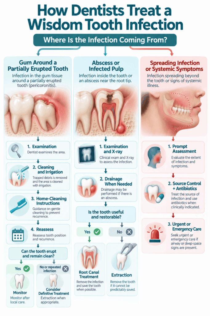 Decision tree showing treatment for gum infection, infected tooth pulp, abscess, and spreading infection.